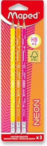 Maped - 3 Bleistifte Graphit HB2 Neon - Bleistifte FSC HB Radiergummi - Ergonomische Dreiecksform - Robuste Mine