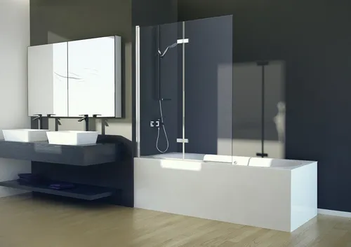 Badewannenabtrennung Faltwand 2-teilig 100x145 cm aus 5 mm Glas - Moderne Duschabtrennung aus gehärtetem Glas, ideal für platzsparende Lösungen. Mit schiebendem Öffnungsmechanismus und eleganter, rahmenloser Optik für stilvolle Badezimmergestaltung.