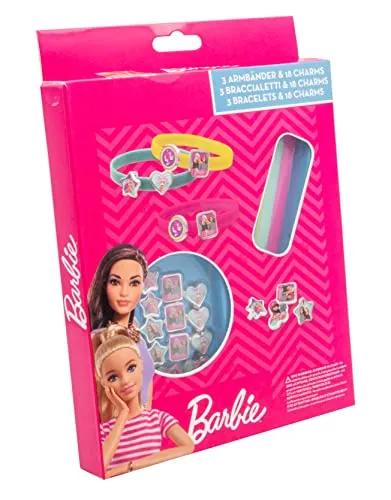 Joy Toy 22782 Barbie Armbänder - 3 Kunststoffarmbänder mit 18 austauschbaren Charms, ideales Geschenk für Barbie-Fans und kreative Kinder