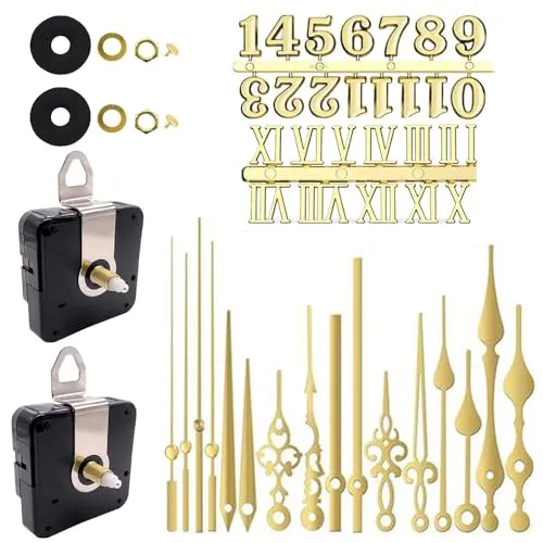 Comforty 2 Stück stilles Quarz-Uhrwerk, 6 Paar Kurze Achse und Lange Achse Uhrwerk mit manueller Batterieversorgung, Wanduhr-Mechanismus Teile Motor Ersatz DIY Reparatur Teile, Gold