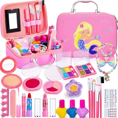 Lubibi Kinderschminke Set Mädchen mit Schminkkoffer,Meerjungfrau Waschbares Safe Make up Spielzeug,Schminkset Spielzeug,Geburtstag Weihnachten Party Geschenke für Kinder 3456789 10 11 12 Jahre