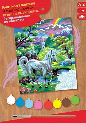 MAMMUT 8220124 - Malen nach Zahlen Junior, Einhorn, Komplettset mit bedruckter Malvorlage im A4 Format, 8 Acrylfarben, Pinsel und Anleitung, Malset für Kinder ab 8 Jahre