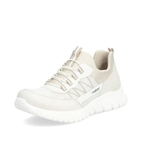 Rieker Damen Slip On Sneaker Beige - Sneaker aus Textil-Synthetik-Mix mit elastischer Schnürung für perfekten Sitz und Anziehlaschen für einfaches An- und Ausziehen. Ideal für sportliche Freizeitlooks.