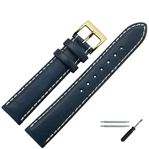 MARBURGER Uhrenarmband 22mm Leder Blau Gold Glatt Mit Naht - Montage Set 8062251000220