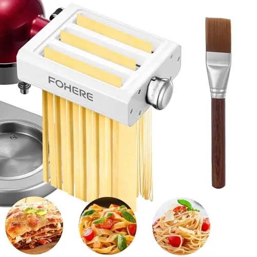 FOHERE 3-in-1 Nudelaufsatz Zubehör für KitchenAid Küchenmaschine, Pasta Maker Aufsatz Mit Nudelblattroller, Fettuccineschneider, Spaghettischneider und Reinigungsbürste (7 Einstellbare Dicken)