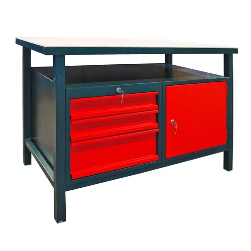 DEMA Profi Werkbank 120x60x85 cm – Stabiler Werktisch mit 3 Schubladen - Robuste Werkbank für Werkstatt und Garage mit stabiler Stahlkonstruktion und hochwertiger 40 mm Sperrholzplatte. Ideal für Heimwerker und Profis, bietet sie viel Stauraum und eine langlebige Arbeitsfläche.