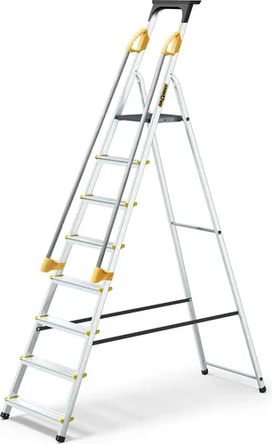 DRABEST PRO Serie Klapptrittleiter 8 Stufen - Aluleiter mit Sicherheits-Handläufen, bis 150 kg belastbar und 3,62 m Arbeitshöhe. Ideal für sicheres Arbeiten in Höhe!
