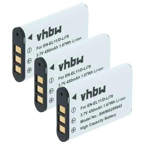 vhbw 3X Akku Ersatz für Nikon EN-EL11 für Kamera (450 mAh, 3,6 V, Li-Ion)