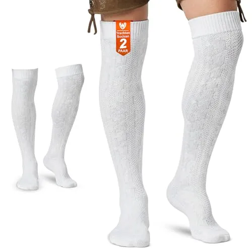 German Wear Trachtenstrümpfe Traditionelle Lange Overknee-Socken 70 cm – Trachtenstrümpfe in Weiß in 1er,2er, 3er, 6er & 12er Pack - Größe 38-40
