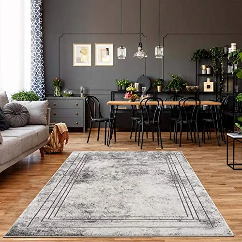 carpet city Teppich Wohnzimmer Bordüre - 80x150 cm Grau Meliert - Moderne Teppiche Kurzflor
