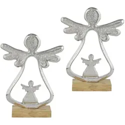 Dekofiguren Engel Silber 2er Set Aluminium Holzsockel 21cm