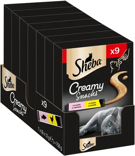 Sheba Cramy Snack mit Huhn & Lachs 7x108 g - Cremige Katzensnacks für unvergessliche Momente mit Ihrer Katze. Ideal zum Füttern per Hand, sorgt für besondere Bindung und Genuss. Verwöhnen Sie Ihre Katze mit diesen köstlichen Leckereien!