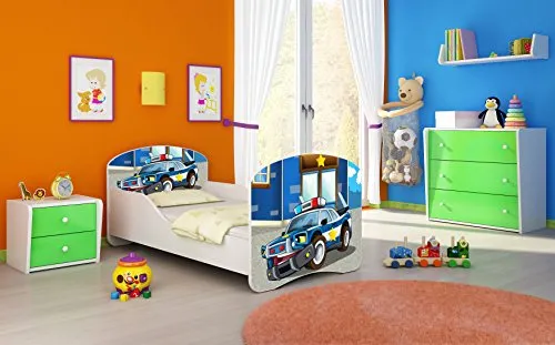 Kinderbett Jugendbett Komplett mit einer Schublade und Matratze Lattenrost Weiß ACMA I (180x80 cm, 38 Polizei)