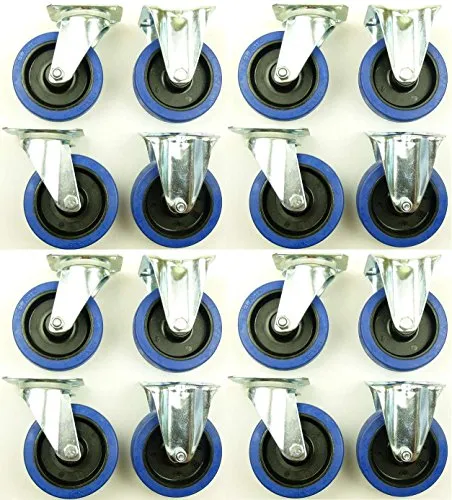 Satz 125mm Blue Wheels Lenkrollen + Bockrollen Transportrollen, Elastik Blau, 200kg / Rad - INDUSTRIEQALITÄT (8x Lenk + 8x Bock) 4