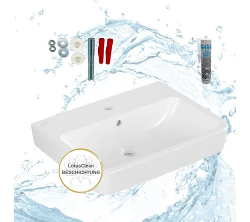 Villeroy Boch O.Novo Waschbecken 60 cm Set - Waschbecken zur Wandmontage mit umfassendem Zubehör: inklusive Befestigungen und Sanitärsilikon. Langlebige Keramik mit LotusClean-Beschichtung für einfache Reinigung und Haltbarkeit.