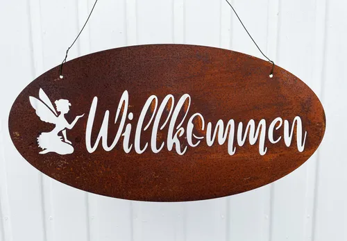 Schild Willkommen mit Elfe zum Aufhängen 40x20cm Edelrost Gartendeko Rost Wandhänger Wanddeko Tafel Spruchtafel Metall Türdekoration Geschenk