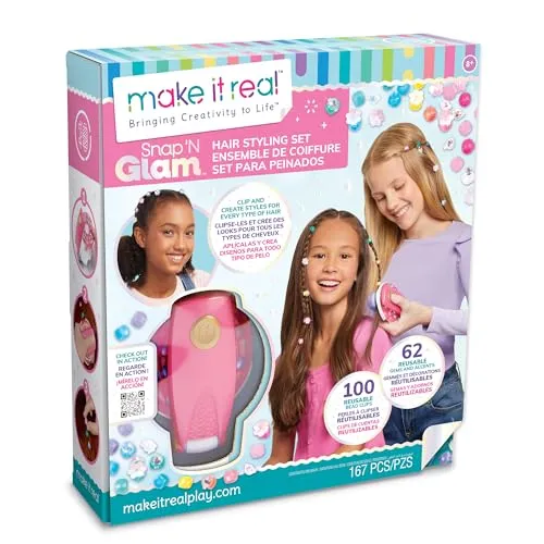 Make It Real Haarstyling-Set Snap 'N Glam - Kreatives Haarstyling-Set für Kinder, ermöglicht das Gestalten individueller Frisuren mit wiederverwendbaren Perlenklammern. Ideal für kreative Bastelstunden!