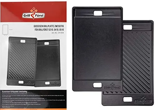Grillfürst Gusseisenplatte 41,5 x 24 cm - Beidseitig verwendbare Grillplatte mit Griffen - Grillplatten - Hochwertige gusseiserne Wendeplatte mit gleichmäßiger Hitzeverteilung für perfektes Röstaroma und sofort einsatzbereit dank Sprühemaillierung.