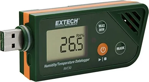 EXTECH RHT30 Datenlogger für Feuchtigkeit/Temperatur - Multimeter mit kompaktem Design, USB-Anschluss und 48.800 Messwerten für präzise Überwachung von Temperatur und Feuchtigkeit.