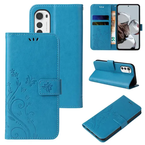 Handyhülle für Motorola E32 Cover Klapp Case Tasche Blume Schmetterling Blau