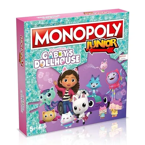 Winning Moves Gabby's Dollhouse Monopoly Junior Brettspiel, Panda Paws, Kirry Fairy, Baby Box, DJ Katzenminze und tauschen Sie Ihren Weg zum Erfolg, tolles Geschenk für Kinder ab 6 Jahren