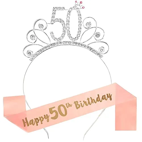 Rose Gold Happy 50. Geburtstag Schärpe und 50 Geburtstag Tiara Strass Krone Stirnband für 50 Geburtstagsgeschenk Party Zubehör 50. Geburtstag Dekoration Mädchen Frauen