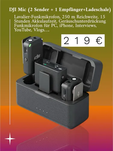 DJI Mic - Lavalier-Funkmikrofon mit 250 m Reichweite, 15 Stunden Akkulaufzeit und OLED-Touchscreen für flexibles Livestreaming