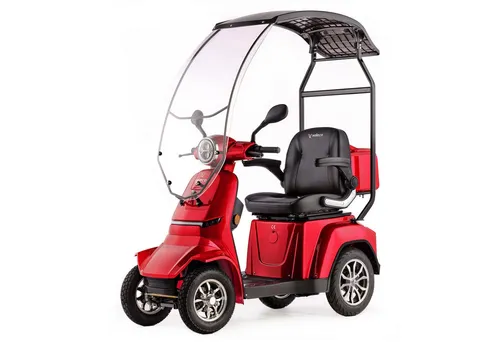 VELECO GRAVIS 4-Rad-Mobilitätsroller mit Dach - Rot - Komplett montierter Scooter mit voller medizinischer Zulassung, sicher und stabil, ausgestattet mit heller LED-Beleuchtung und geräumigem Stauraum.