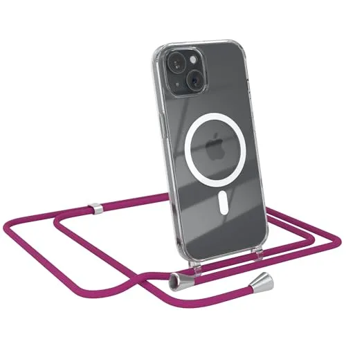 EAZY CASE - Handykette kompatibel mit iPhone 15 Kette zum Umhängen Stoßfest Handyhülle für iPhone 15 Silikon Hülle mit Band Handytasche Transparent als Fallschutz in Pink