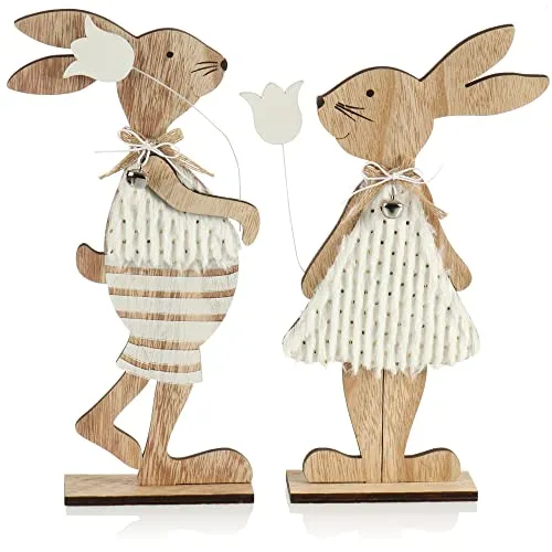 com-four® 2X Deko-Aufsteller Osterhase für Ostern - Osterhasen-Paar aus Holz zum Hinstellen - Osterdekoration (2 Stück - weiß/braun)