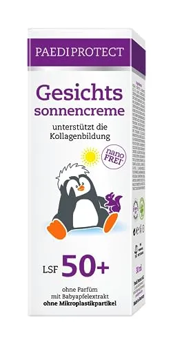 PAEDIPROTECT Gesichtssonnencreme LSF 50+ 30 ml, Sonnencreme Gesicht 50 unterstützt Kollagenbildung, Sonnenschutz parfümfrei, face sunscreen ohne Mikroplastik mildert Hautirritationen, vegan