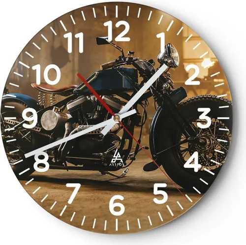 Wanduhr - Rund - Glasuhr - Motorrad Motor - 40x40cm - Schleichendes Uhrwerk - Lautlos - zum Aufhängen bereit - Dekoration Modern - Wanddekoration aus Glas - C4AR40x40-4233