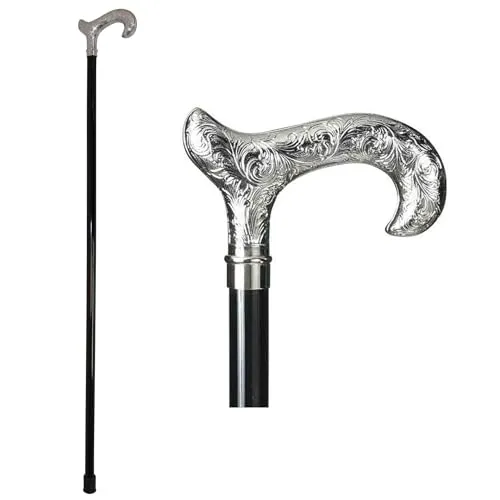DELFA Design Gehstock Spazierstock - mit silbernem verziertem Derby als Griff - schwarzer Holzschaft - die Elegante Gehhilfe