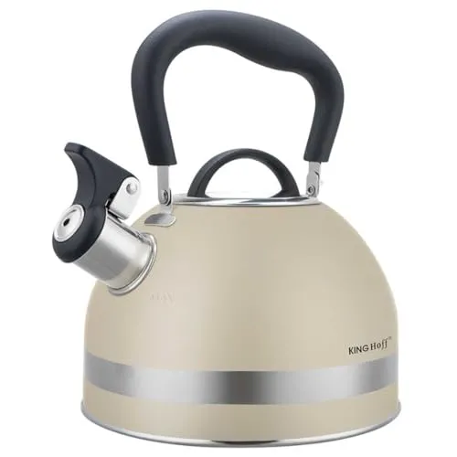Kinghoff Wasserkessel 1.8L aus Edelstahl, Pfeifkessel Induktion, klein Flötenkessel, Teekessel mit Einklappgriff, Wasserkocher für alle Kochplatten, Kessel matt (Beige)