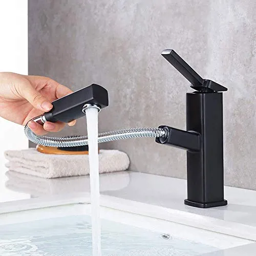 KAIYING Waschtischarmatur mit Herausziehbarer Spritze, Mischbatterie Waschbecken für Heißes und Kaltes Wasser, Ausziehbarer Wasserhahn Bad Schwarz mit Drehbarem Auslauf