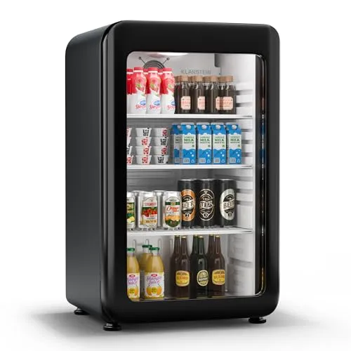 Klarstein Audrey Evo Getränkekühlschrank - Retro Mini Kühlschrank mit Glastür - Kühlschränke: 93L Mini-Kühlschrank im eleganten Retro-Design mit LED-Beleuchtung und doppelt verglaster Tür für optimale Temperatur und Sichtbarkeit.