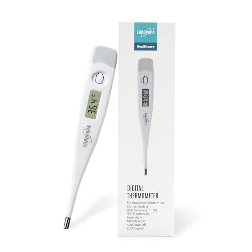 EUROPAPA Digitales Fieberthermometer für Babys, Kinder und Erwachsene, Thermometer für oral, axillar oder rektal, wasserdicht mit Fieberalarm (Grau)