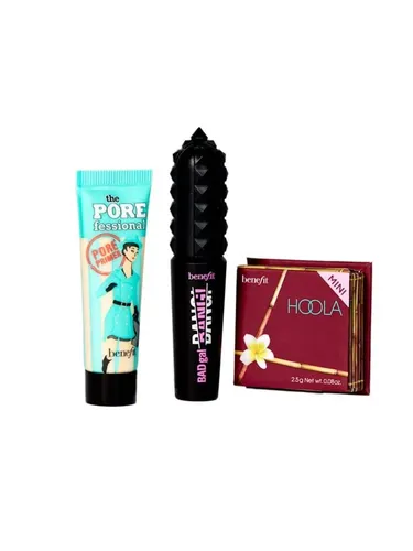 Benefit Cosmetics Icons Makeup Set - Geschenkbox mit 3 Reisegrößen der Bestseller: POREfessional Primer für glatte Haut, BADgal BANG! Mascara für Volumen und Hoola Bronzer für warme Konturen – ideal für Make-up-Liebhaber.