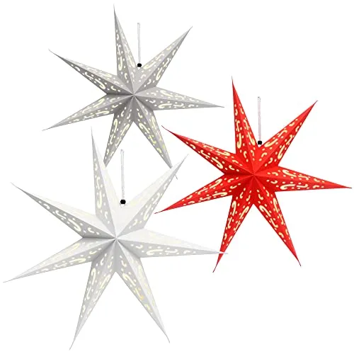com-four® 3X Leuchtstern in 3D mit LEDs - Weihnachtsstern mit LED Beleuchtung und Timer - Premium Papierstern zum Aufhängen