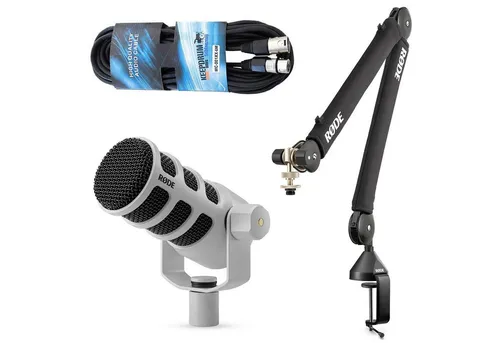 RØDE Podmic USB Weiß Set mit PSA-1+ Stativ und Kabel - Dynamisches Mikrofon für Podcasts und Streaming, mit integrierten Effekten für optimierten Klang, inklusive robustem PSA-1+ Gelenkarm-Stativ und Zubehör.