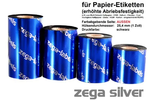 zega-labels Thermotransfer Farbband 60 mm x 300 m - zega silver (Wachs/Harz Wischfest) - Farbseite AUSSEN - Ribbon für Zebra ZT-Serie/ZM400/ZD420T/ZD421T - 1 Zoll Kern Ø 25 mm - für Papieretiketten