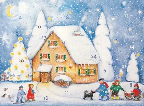 Adventskalender A4 aus Karton Winterhaus mit Kindern