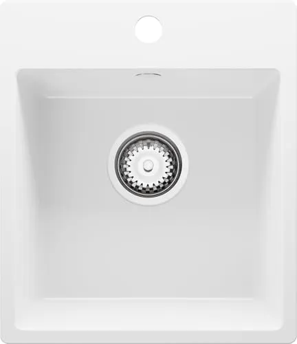 PRIMAGRAN Spülbecken Weiß 38x44cm, Granitspüle 1 Becken + Ablauf-Set, Küchenspüle ab 40er Unterschrank - Riga Easy S002