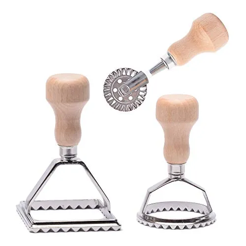 MASTER FENG Ravioli Ausstecher Former, Teigtaschenrad Former mit Holzgriff und Geriffelter Kante Pasta Nudel Press Kitchen Attachmen - 3er Set