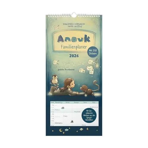 Planer für Familie 2026 Anouk: Wandkalender mit zwölf Monatsseiten mit 5 Spalten zum Planen, Spiralbindung, inklusive Stickerbogen mit 250 Aufklebern.