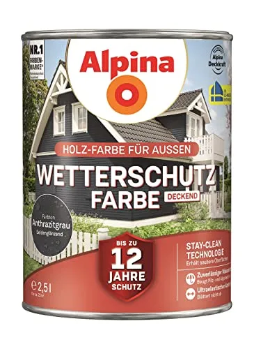 Alpina Wetterschutzfarbe deckend Holzfarbe Anthrazitgrau seidenglänzend, 2,5 L - Innen- & Außenfarben, hoch wetterbeständig und ideal für langlebigen Schutz Ihrer Holzoberflächen.