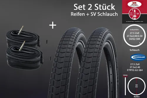 Schwalbe Super Moto X Fahrradreifen Set 27.5 Zoll - 2 Stück 27.5 Zoll Schwalbe Super Moto X Fahrradreifen, ideal für Asphalt und leichtes Gelände. Mit Pannenschutz und Reflexstreifen für zusätzliche Sicherheit. Belastbar bis 145 kg, inklusive 2 Schläuchen.