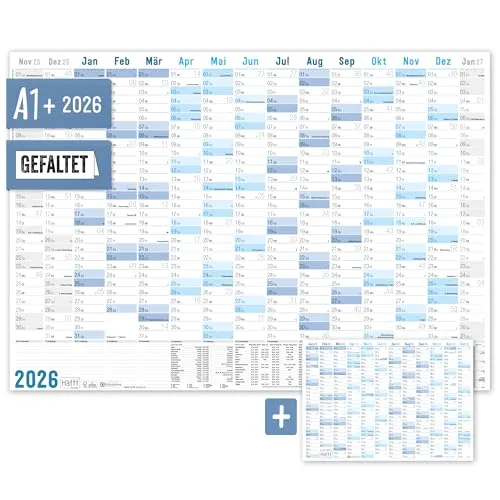 Häfft® XXL Wandkalender 2026 groß A1 + quer (89 x 63 cm), gefalzt, 15 Monate: Nov 2025 - Jan 2027 inkl. A4-Jahresplaner, Wandplaner