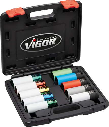 Vigor Schlagschrauber Steckschlüsseleinsatz 10-teilig - Werkzeug-Set mit 10 Steckschlüsseleinsätzen, ideal für beschädigungsfreie Betätigung von Radschrauben dank mitdrehendem Kunststoffschutz.
