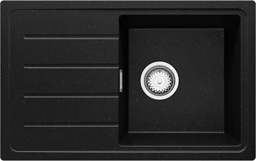 PRIMAGRAN Spülbecken Schwarz Metallic 70x44cm, Granitspüle 1 Becken + Ablauf-Set, Küchenspüle ab 45er Unterschrank - Kopenhagen Easy S022